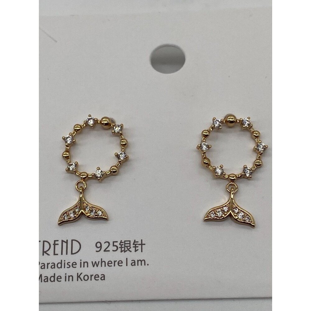 Mermaid Tail Earrings 925 Sterling Sliver 18K Gold Plated Zircon Circle Women's